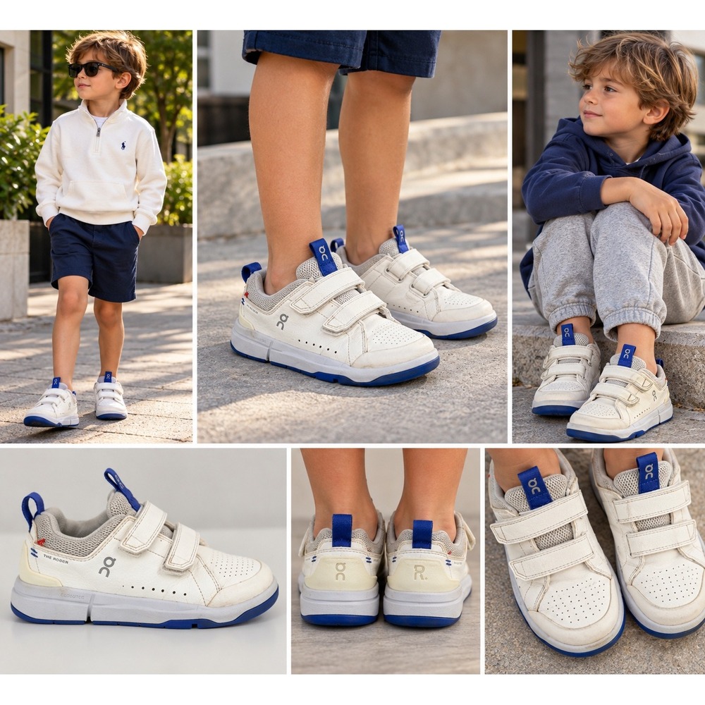 On Running The Roger Kids Sneakers White Cobalt Blue Hook Loop Straps